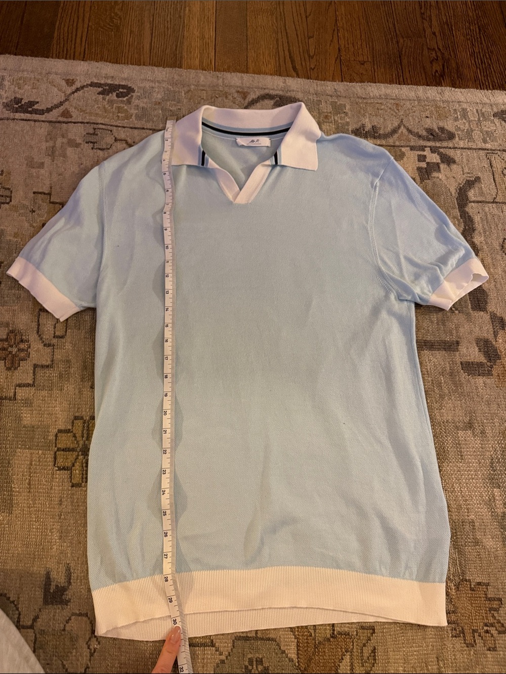 Men's Light Blue Polo Shirt with White Trim. Mr P., size M